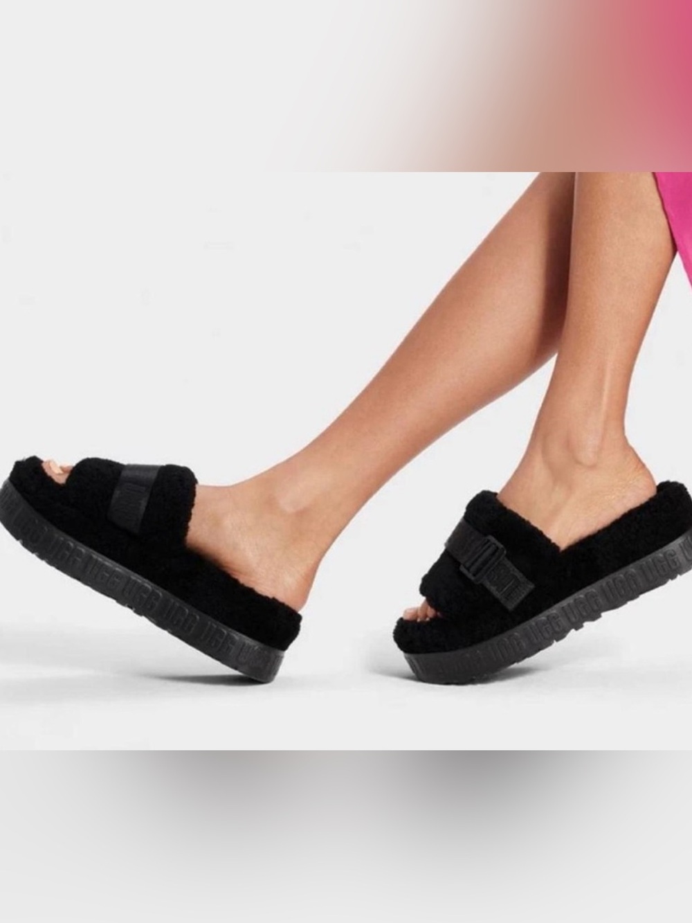UGG Fluffita Clear Black Platform Slide Sandals Fuzzy Wool Women’s Size 9